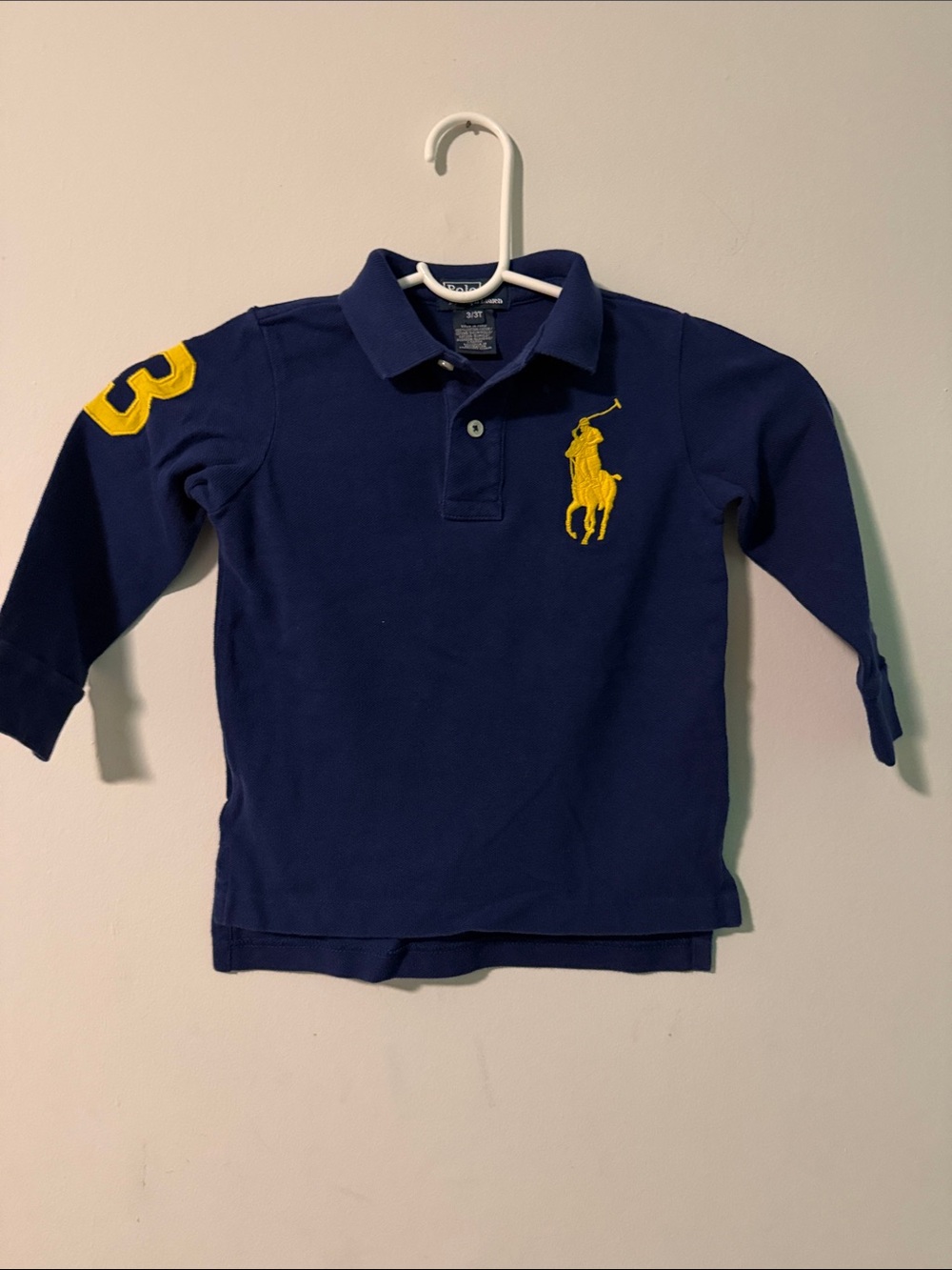 Ralph Lauren Navy Long-Sleeve Polo with Yellow Logo & Sleeve Patch - Kids